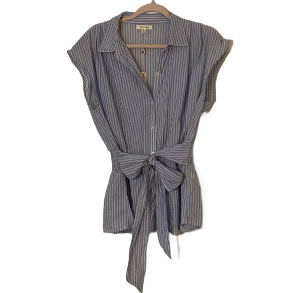 Max Studio Blue Vertical Stripe Button Down Sleeveless Tunic with Belt - Picture 1 of 10